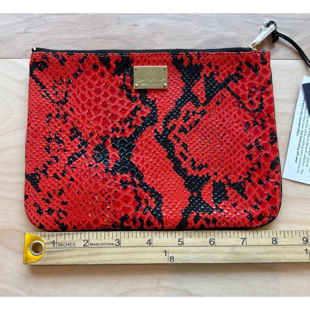 Rebecca‎ Minkoff Erin Clutch Red Black Fluoro Snake Leather Zipper Pouch NEW